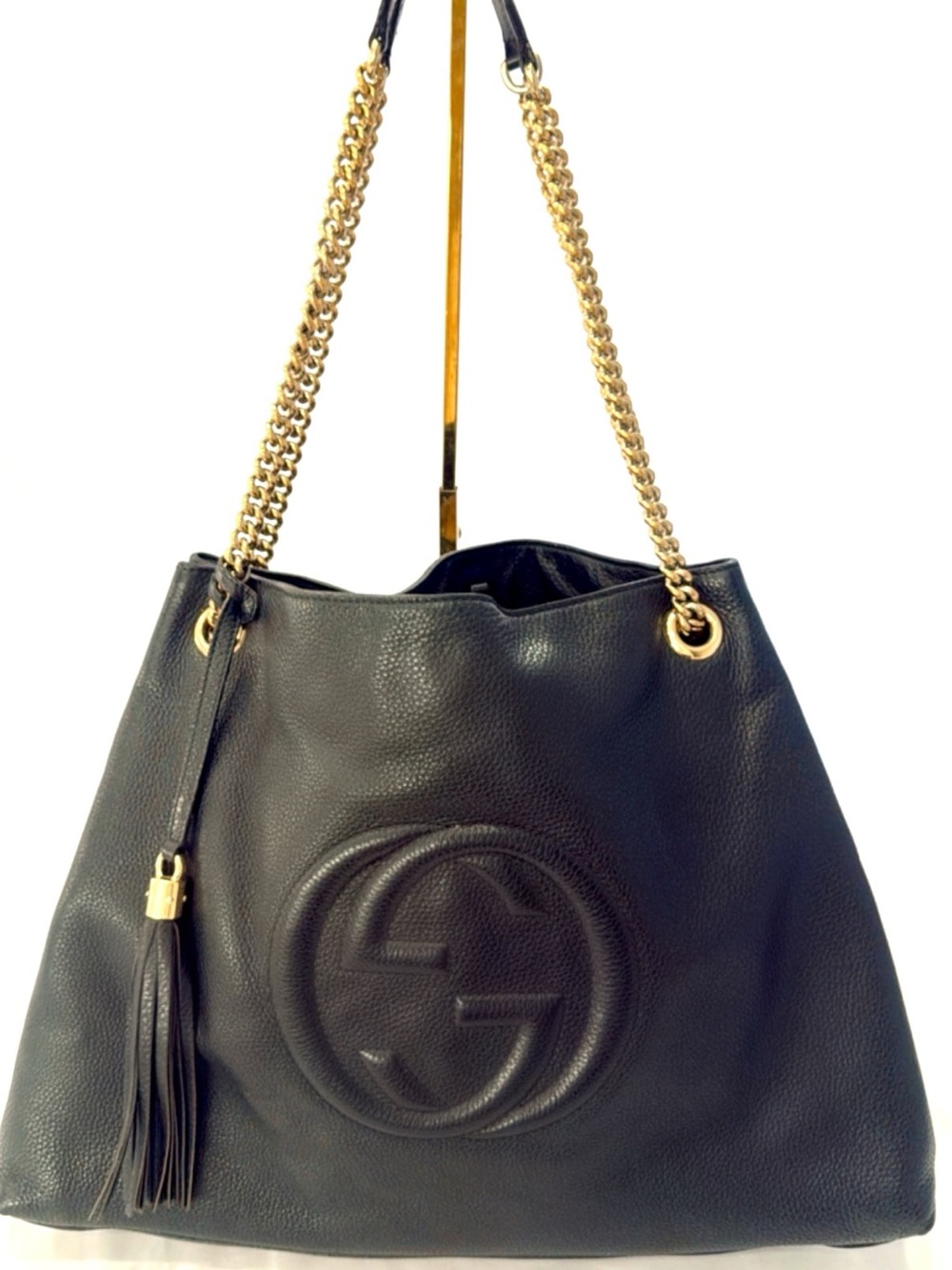 Gucci Soho Large Black Pebbled Leather Chain Tote Gold Hardware Tassel